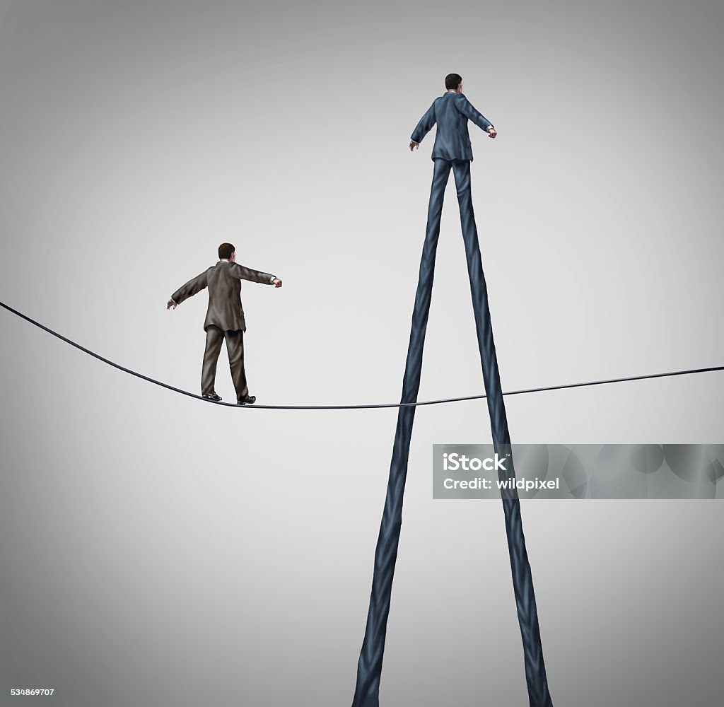 Career Advantage Career advantage business concept as a businessman walking on a high wire tightrope being passed by another better equiped person with long legs as a metaphor for personal skills. Business Stock Photo