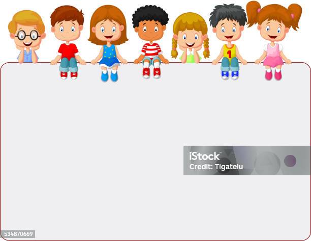 Happy Smiling Group Of Kids Showing Blank Placard Board Stock Illustration - Download Image Now