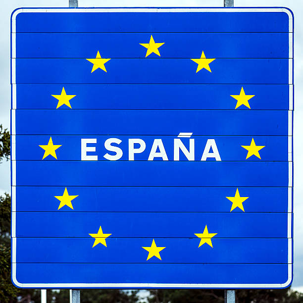istock blue road sign with yellow stars Spain 534883098