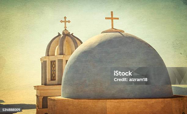 Vintage Churches Of Santorini Island Greece Stock Photo - Download Image Now - 2015, Aegean Sea, Architectural Dome