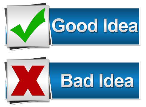 Good Ideas Bad Ideas concept image with thumb up and down symbol.