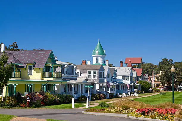 Houses at Ocean Park, Oak Bluffs, Martha's Vineyard, Massachusetts, USA, on a beautiful autumn day. Martha's Vineyard is an island located south of Cape Cod in Massachusetts and is famous as an affluent summer colony. Canon EF 24-105mm f/4L IS lens.