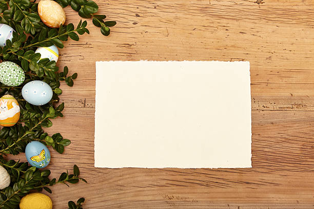 istock Easter eggs and twigs, blank card on wood 534918429