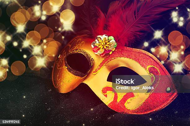 Carnival Mask On Black Silk Background Stock Photo - Download Image Now - 2015, Antique, Backgrounds