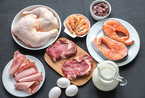 istock Protein diet: raw products on the wooden background 534919817