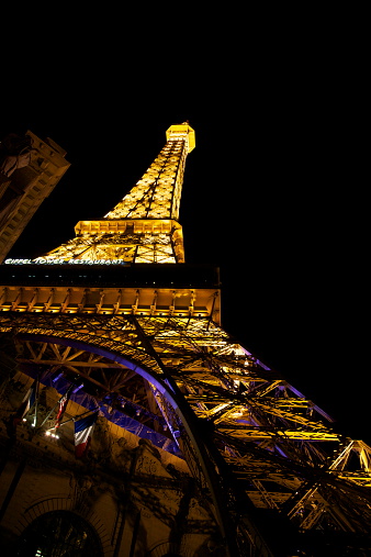 Las Vegas, USA - April 17, 2014: Paris Las Vegas hotel and casino in Las Vegas, Nevada, USA. It includes a half scale, 541-foot (165 m) tall replica of the Eiffel Tower
