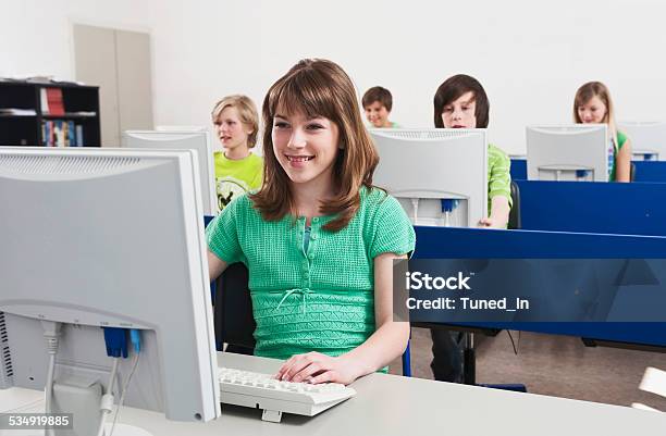 Computer Course Girl Computing Class Students Using Computer Girl Smiling In Front Row Stock ...