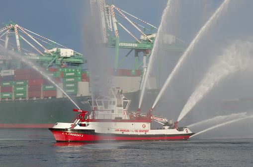 San Pedro, CA, USA - January 25, 2015: fireboat 2 of the Los Angeles Fire Department is shown in the Los Angeles Harbor.