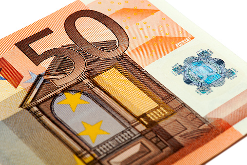 Macro of Fifty Euro Banknote on white background.
