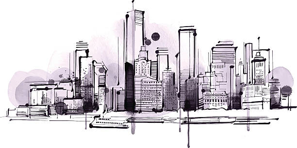 Manhattan Skyline Vector Image was digital created. No opening Paths, big JPG including.Traced from handmade Illustration. new york skyline drawing stock illustrations