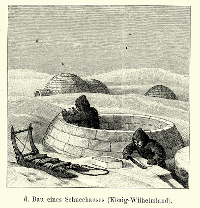 Vintage engraving of Construction of a Snow House, igloo, in King William Island. Ferdinand Hirts Geographische Bildertafeln,1886.