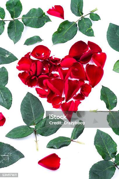 Red Heart From The Rose Leaves In White Background Stock Photo - Download Image Now - 2015, Anniversary, Bouquet