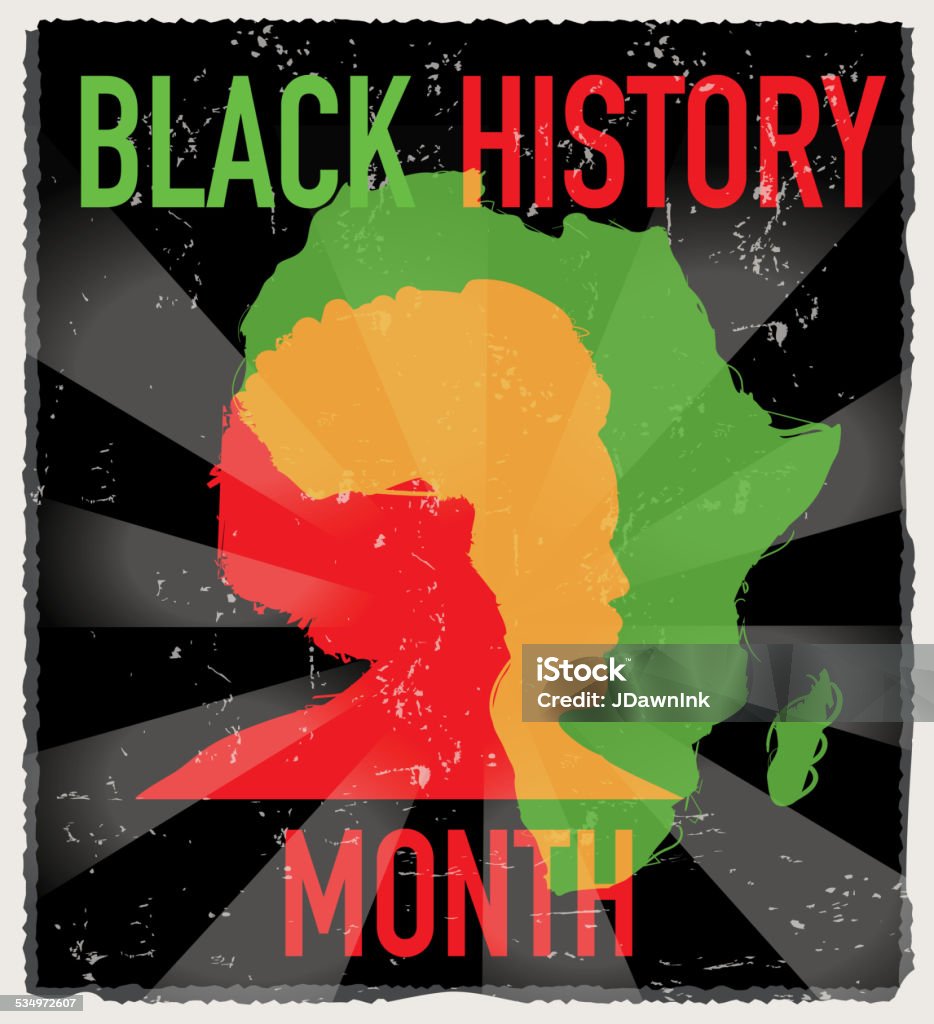 Colorful Black History month poster design with lot's of texture Vector Illustration with 10 EPS of side view of African American man.  African History Month, Underground Railway, African Culture. Male, person, people, portrait, head and shoulders and masculine, features, sideview and abstract, afro, face, expression. Black background, celebration.  Black heritage celebration. African Heritage Day. Black American ethnic group, person of color. Black History Month stock vector