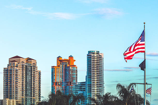 Miami buildings and American flag.