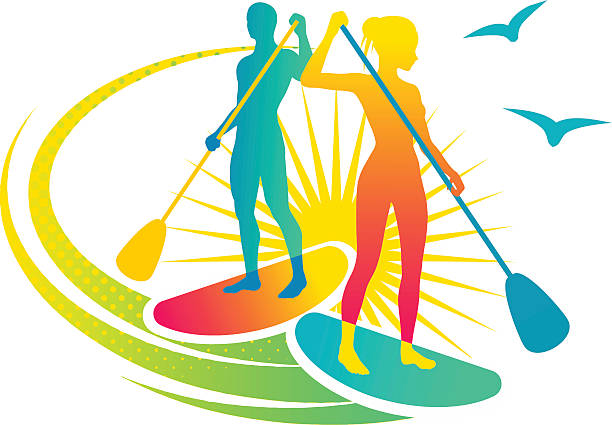 Paddling Man and woman standing on the paddleboards paddleboard stock illustrations