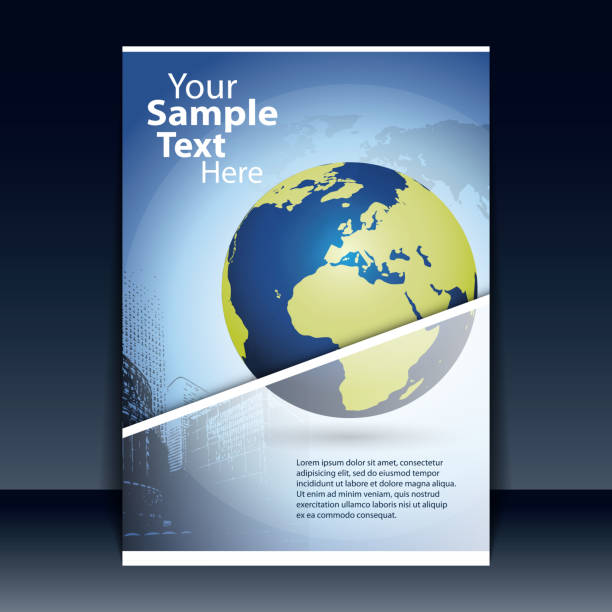 Flyer Design - Business Abstract Transparent Blue Global Business or Technology Flyer or Cover Design with Earth Globe World Map and Rasterized Cityscape Image in Editable Vector Format rasterized stock illustrations