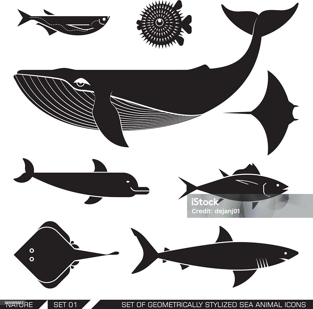 Set of geometrically stylized sea animal icons Set of various sea animal icons In Silhouette stock vector