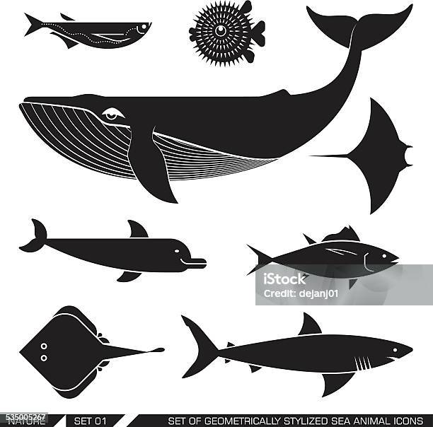 Set Of Geometrically Stylized Sea Animal Icons Stock Illustration - Download Image Now - In Silhouette, Whale, 2015