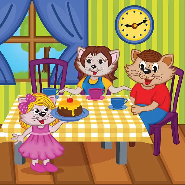 Vector illustration of family cats eat cake together