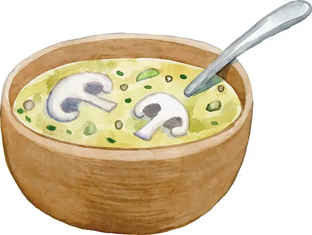 Vector illustration of clay bowl with mushroom cream soup - watercolor vector drawing