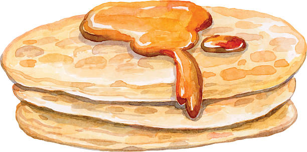 ilustraciones, imágenes clip art, dibujos animados e iconos de stock de algunos tentadores panqueques con dulce jarabe de arce - pancake illustration and painting food vector