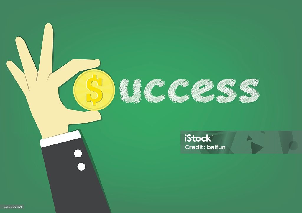 success text hand carry coin as S alphabet and white chalk write 'uccess' that is "success". 2015 stock vector