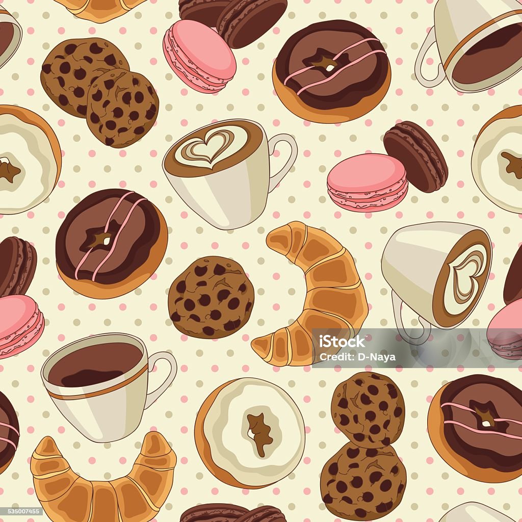 Cookies and coffee pattern, light yellow Yummy colorful chocolate cookies, donuts and cups of coffee seamless pattern, light yellow 2015 stock vector