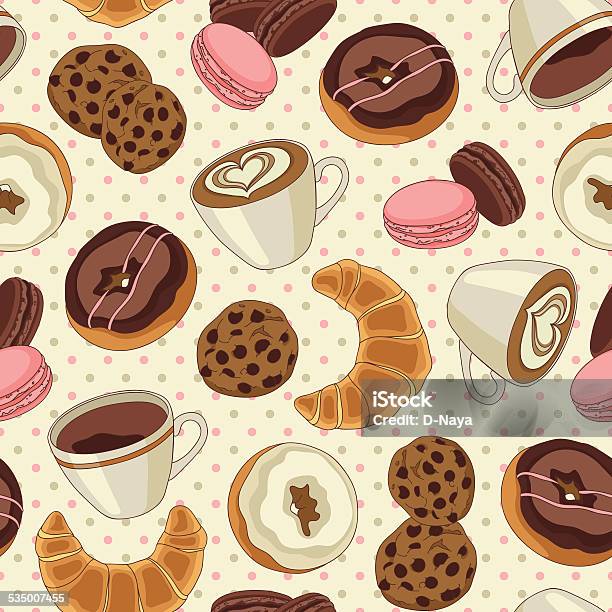 Cookies And Coffee Pattern Light Yellow Stock Illustration - Download Image Now - 2015, Backgrounds, Baked Pastry Item