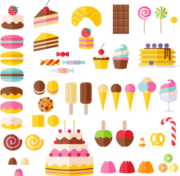 Set of sweet food icons. Set of sweet food icons. Candy, sweets, lollipop, cake, donut, macaroon, ice cream, jelly. dessert stock illustrations