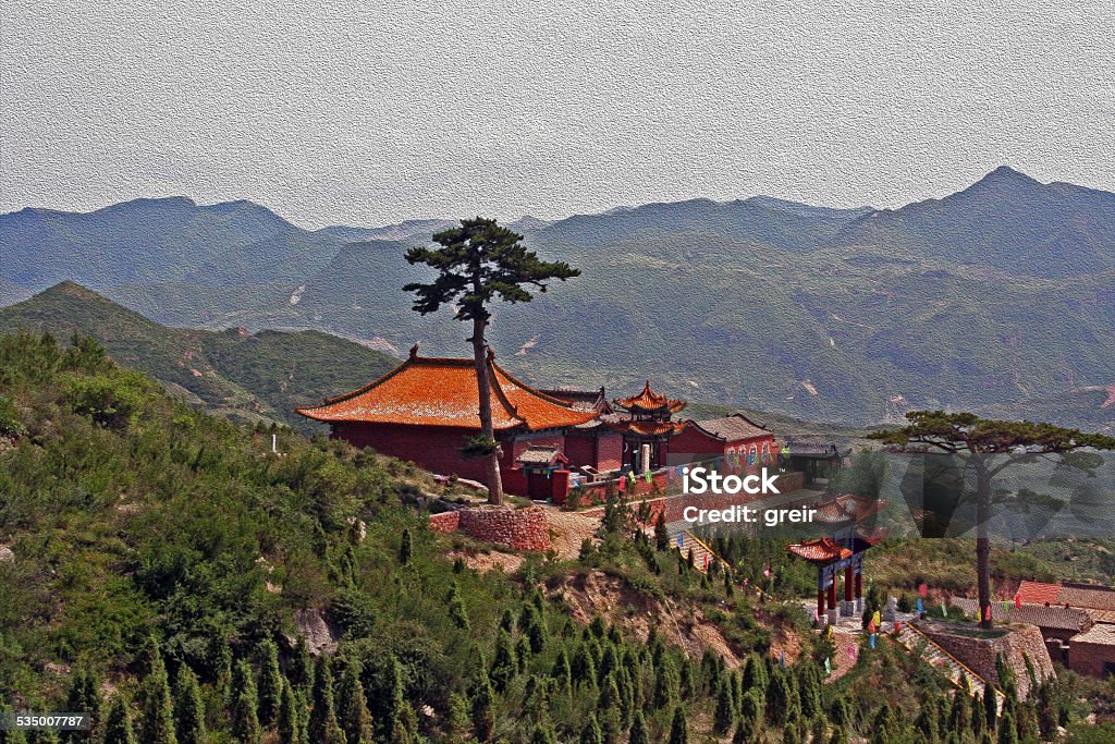 Buddhist temple overlooking mountains in North China, near Daton Buddhist temple overlooking mountains in North China, near Datong, Shanxi Province,  stylized and filtered to resemble an oil painting Mt Hengshan Stock Photo