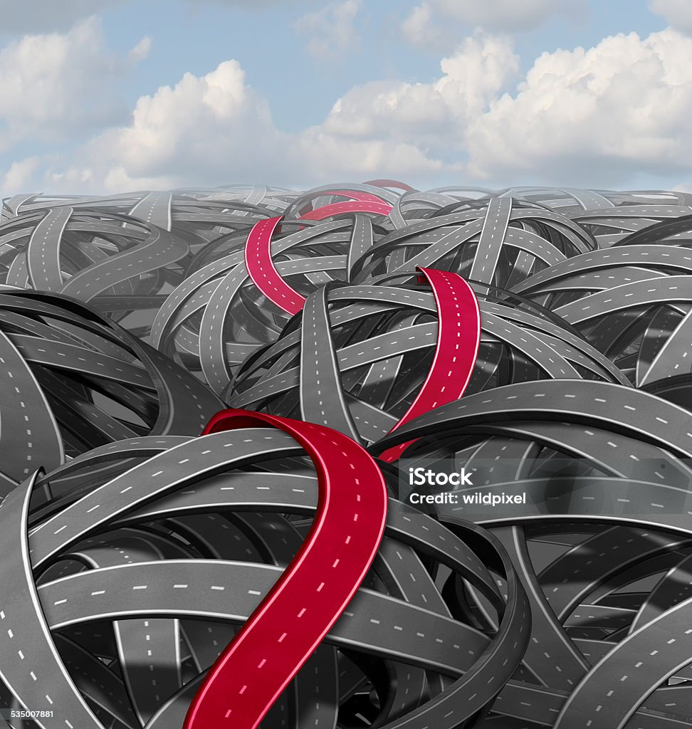 Red Success Path Red success path concept as a group of tangled roads and a highlighted pathway leading to a an easy solution on a challenging journey towards a goal. Accessibility Stock Photo