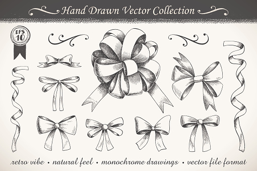 A set of graphic hand drawn ribbons and bows.