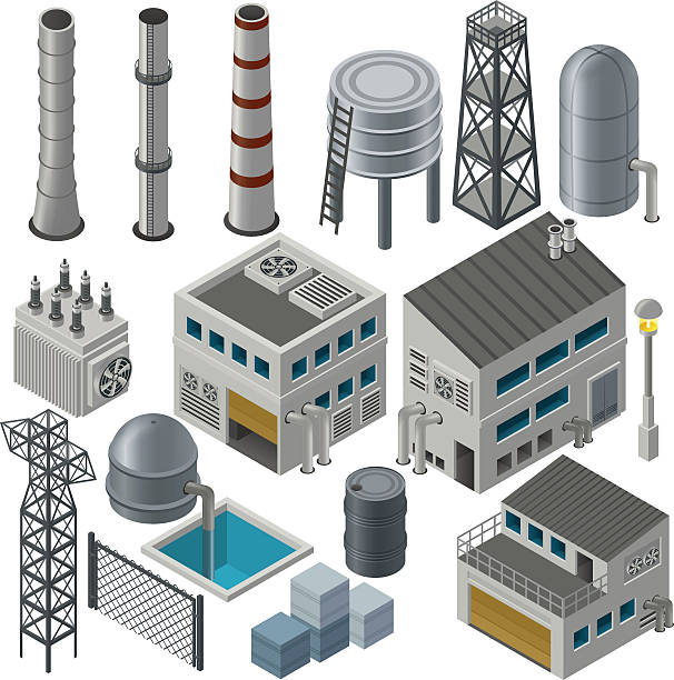 ilustrações, clipart, desenhos animados e ícones de isometric edifícios industriais e outros objetos - pipe backgrounds built structure three dimensional shape