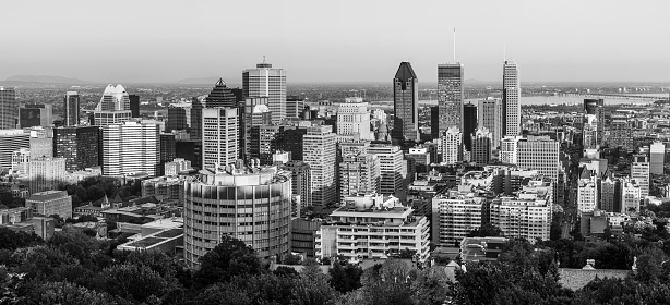 Panoramic view of Montreal city skyline from the submit of Mount Royal in Black and White