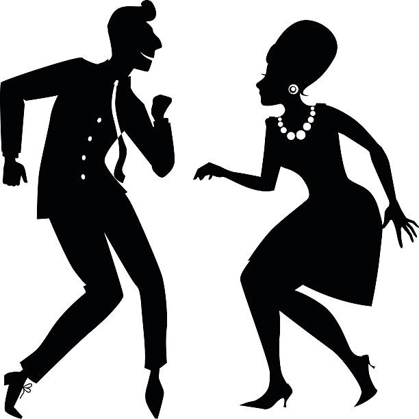 Twist silhouette Black vector silhouette of a couple dancing the twist or rock and roll woman beehive stock illustrations