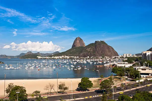 View of Sugarloaf Mountain from Botafogo Shopping Mall in Rio de Janeiro, Brazil.