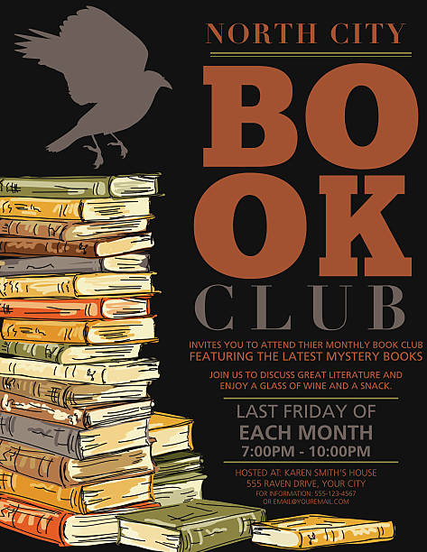 Retro Style Mystery Book Club vertical Invitation Poster.  There is a stack of hand drawn sketchy style books with a crow silhouette on top on the left hand side with the text on the right.  Invitation is on a black background. There is two books along the bottom.