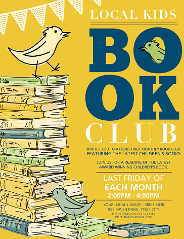 Bright Retro Style Children's Book Club vertical Invitation Poster.  There is a stack of hand drawn sketchy style books with a cartoon bird on top on the left hand side with the text on the right.  Invitation is on a yellow background. There is a bird and books at bottom.