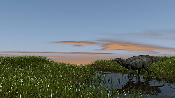 shuangmiaosaurus in swamps stock photo