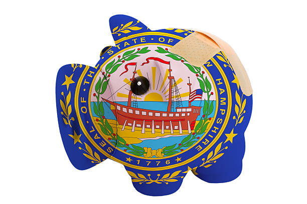 closed piggy rich bank in colors of new hampshire stock photo