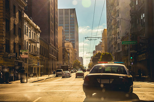 Police patrolling in San Francisco downtown district.