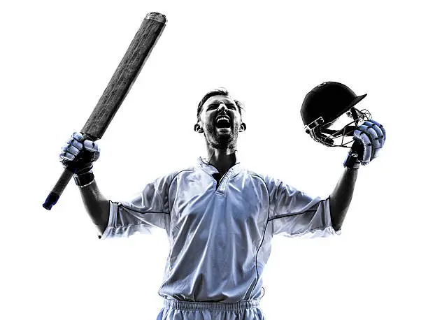 Cricket player portrait in silhouette shadow on white background