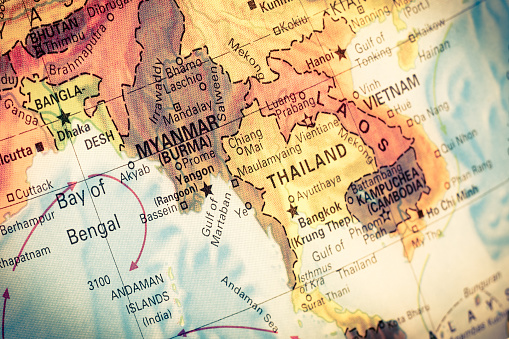 Vintage Map Myanmar,Burma,  Close-up macro image of South East Asia  map . Selective focus