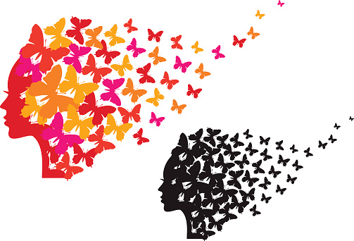 woman head with colorful butterflies, vector illustration