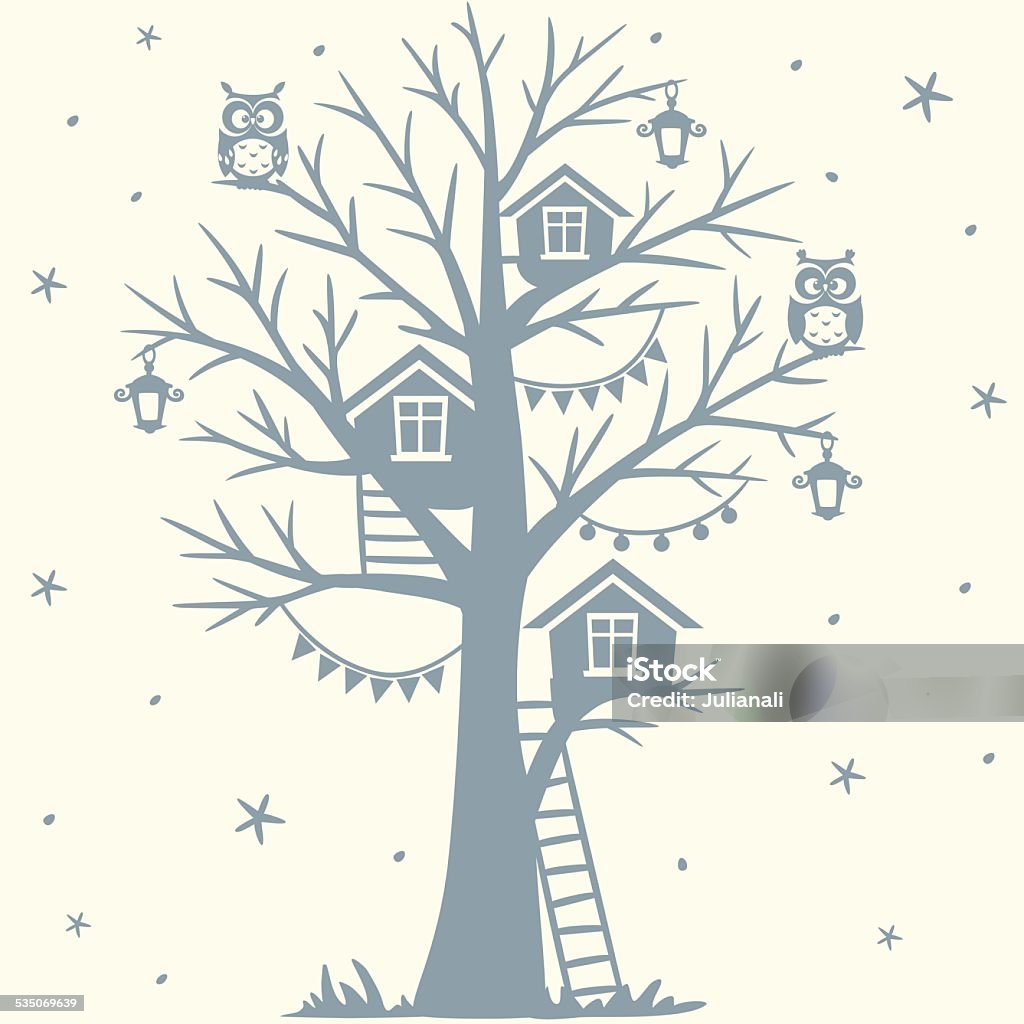 Treehouse silhouette fairytale tree with houses and with cartoon funny owls Country Club stock vector