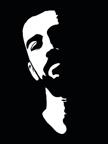 Black and white high contrast portrait of confident young man with head lean back. Easy editable layered vector illustration.