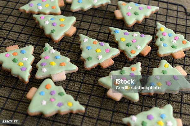 Iced Christmas Tree Sugar Cookies Stock Photo - Download Image Now - 2015, Arrangement, Bake Sale