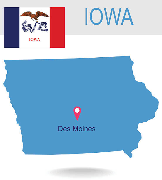 USA state Of Iowa's map and Flag Detailed vector map of the State and Flag. PDF file included. des moines silhouette stock illustrations