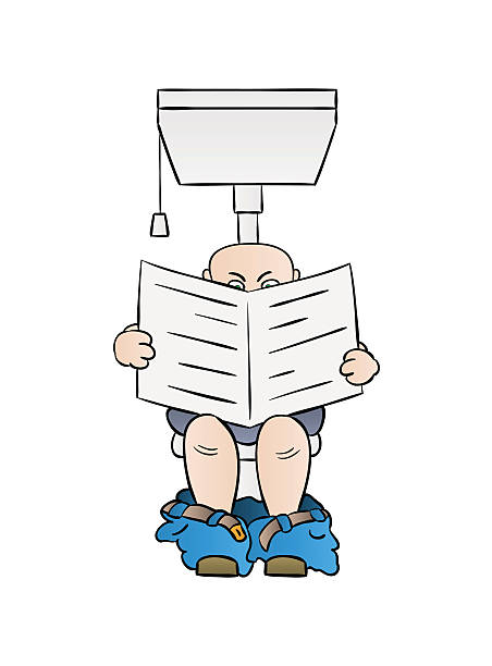 illustrazioni stock, clip art, cartoni animati e icone di tendenza di uomo di leggere il giornale sul gabinetto - toilet public restroom newspaper reading