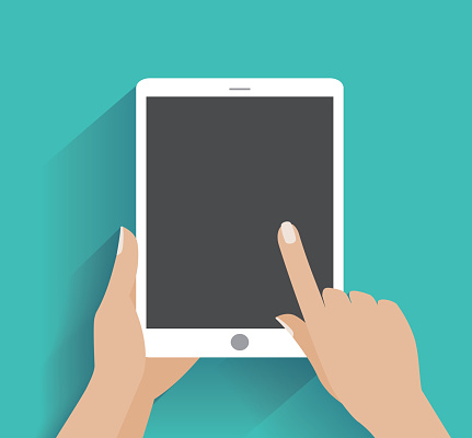 Hand touching blank screen of tablet computer. Using digital tablet pc similar to tablet computer, flat design concept. Eps 10 vector illustration